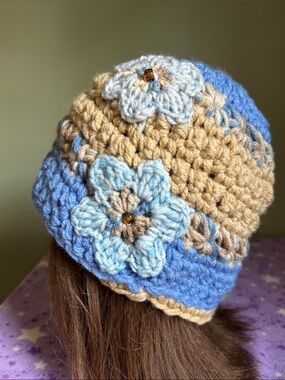Handmade Blue and camel Crochet Flower Beanie medium acrylic